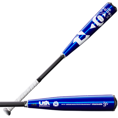 Two blue and black 2023 DeMarini The Goods -10 (2 5/8") USA Baseball Bats by DeMarini with white grips are shown, featuring X14 Alloy Barrel, USA Baseball logo, metallic blue barrels, black handles, and bold white graphics.