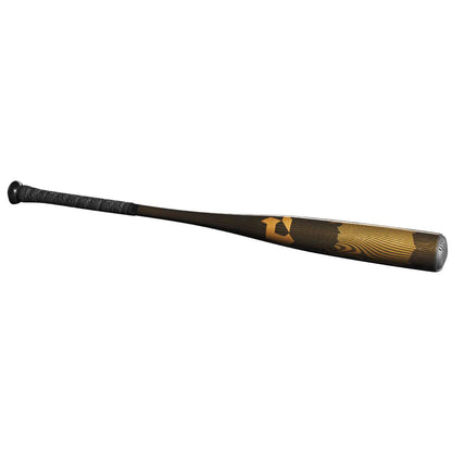 The 2024 DeMarini Voodoo One (-3) BBCOR Baseball Bat (WBD2461010) features a black and brown design, textured grip handle, glossy barrel finish, subtle wood grain pattern, and a small yellow logo.