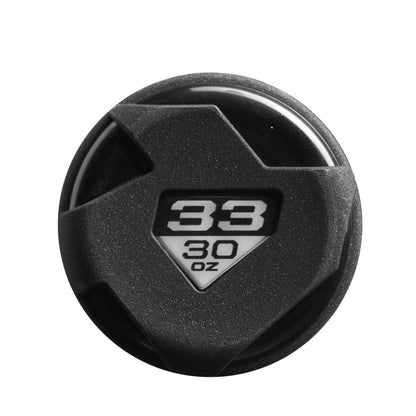 Top view of a black plastic lid with a triangular window displaying "38 above 30 oz" in black on white, echoing the precise weight markings on the DeMarini 2024 Voodoo One (-3) BBCOR Baseball Bat: WBD2461010.