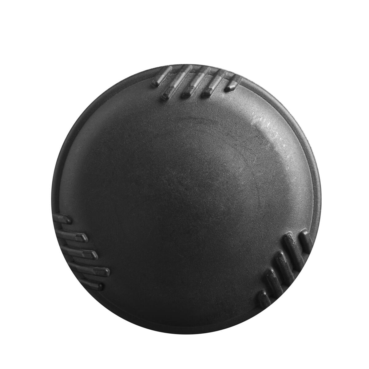 A round, black hockey puck with textured ridges on the sides sits against a white background—its solid look evoking the durability and performance of the DeMarini 2024 Voodoo One (-3) BBCOR Baseball Bat (WBD2461010).
