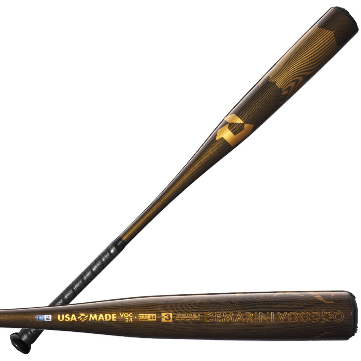 Two views of the 2024 DeMarini Voodoo One (-3) BBCOR Baseball Bat (WBD2461010) show its dark wood grain design with gold accents, USA MADE and DeMarini Voodoo on the barrel, a black grip, and one-piece alloy construction for high performance.