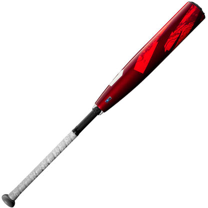 A used 2024 DeMarini ZOA (-8) 2 3/4" USSSA Baseball Bat (WBD2467010), featuring a red and black design, continuous fiber composite barrel, and textured white grip, displayed on a plain white background.