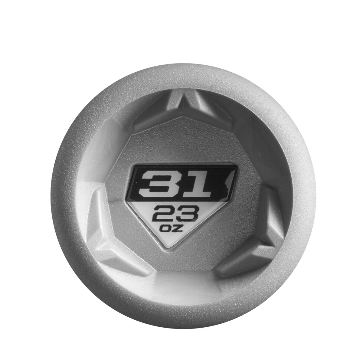 A silver, round bat knob featuring "31" and "23 oz" in black and white, perfect for your 2024 DeMarini ZOA (-8) 2 3/4" USSSA Baseball Bat (WBD2467010) to show its length and weight.