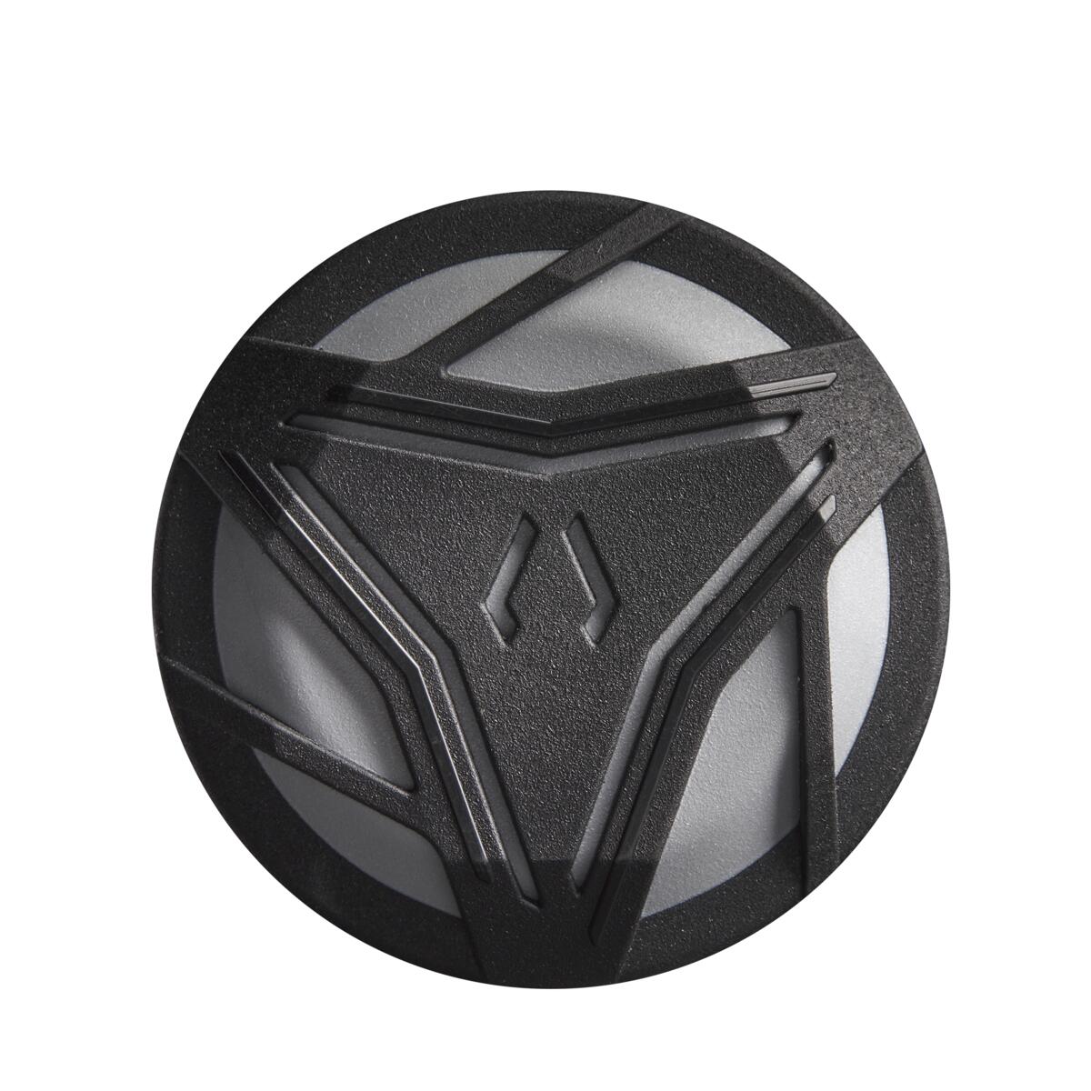 A round black and gray object with angular, textured lines and a symmetrical central pattern, reminiscent of the 2024 DeMarini ZOA (-8) 2 3/4" USSSA Baseball Bat: WBD2467010 by DeMarini.