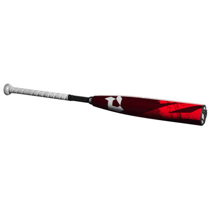 The 2024 DeMarini ZOA (-8) USSSA Baseball Bat (WBD2467010, USED) features a white textured grip, shiny red barrel with a white logo, and a Continuous Fiber Composite Barrel joined by a black taper.