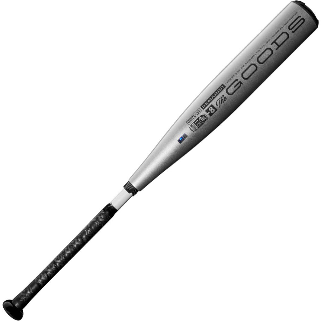 A used silver and black 2024 DeMarini The Goods (-8) 2 3/4" USSSA baseball bat (WBD2470010) with THE GOODS on the X14 Alloy Barrel and a black grip handle, displayed against a white background.
