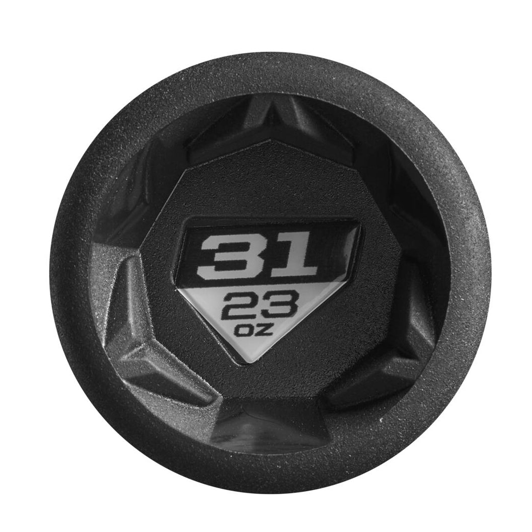 A close-up of a black hexagonal dumbbell end, with “31” above “23 oz” in white on a triangular label—echoing the precise detailing seen on the 2024 DeMarini The Goods (-8) 2 3/4" USSSA Baseball Bat: WBD2470010 (USED) by DeMarini.