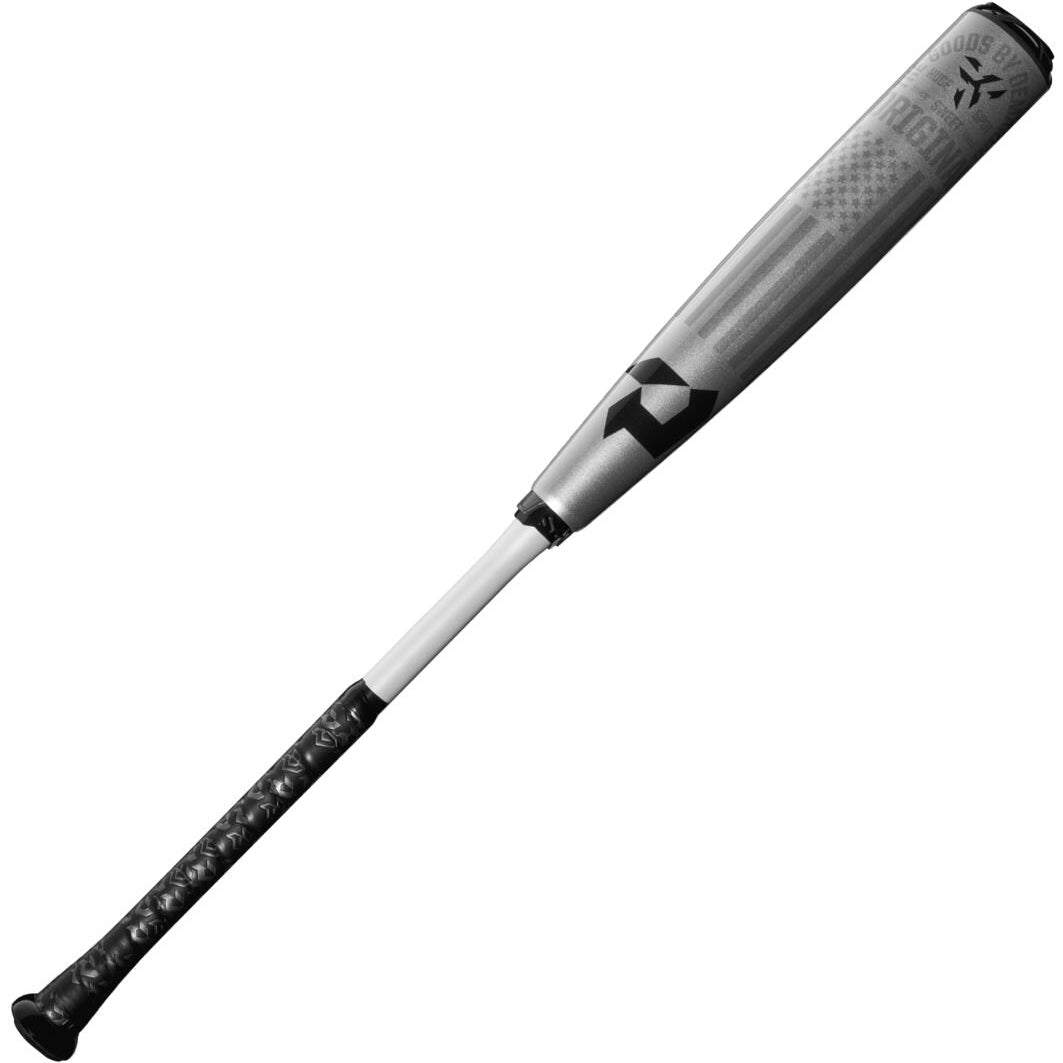 The 2024 DeMarini The Goods (-5) 2 5/8" USSSA Baseball Bat: WBD2471010 (USED) features a silver and black design with a textured black grip, white handle, and X14 Alloy Barrel with printed graphics near the top.