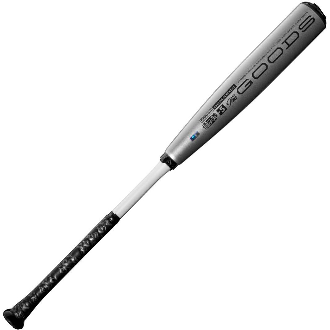 The 2024 DeMarini The Goods (-5) USSSA Baseball Bat (WBD2471010), in silver and black, features THE GOODS on its X14 Alloy Barrel and a textured black grip. Brand: DeMarini. Size: 2 5/8". Condition: Used.