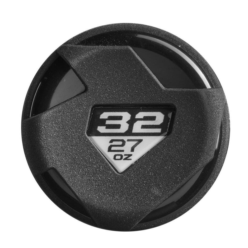 A black circular bottle lid with a textured grip, featuring 32 above 27 oz in white on a triangular label—mirroring the precision of the DeMarini The Goods (-5) USSSA Baseball Bat: WBD2471010.
