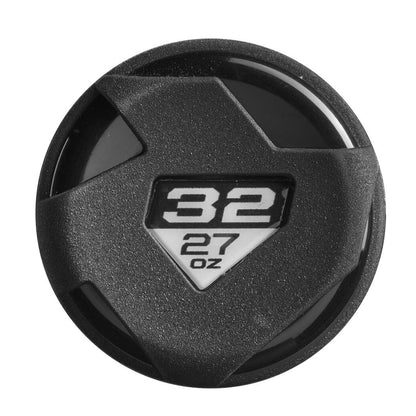 A black circular bottle lid with a textured grip, featuring 32 above 27 oz in white on a triangular label—mirroring the precision of the DeMarini The Goods (-5) USSSA Baseball Bat: WBD2471010.