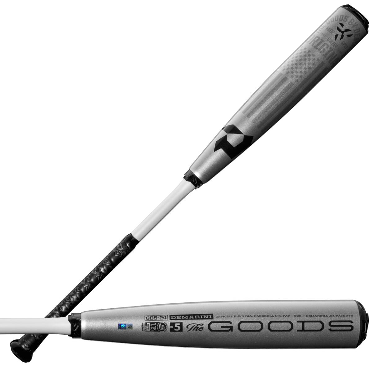 Two 2024 DeMarini The Goods (-5) 2 5/8" USSSA Baseball Bats (USED) are shown diagonally; one displays X14 Alloy Barrel branding, and the other highlights the black grip and end cap in a sleek silver and black hybrid design.