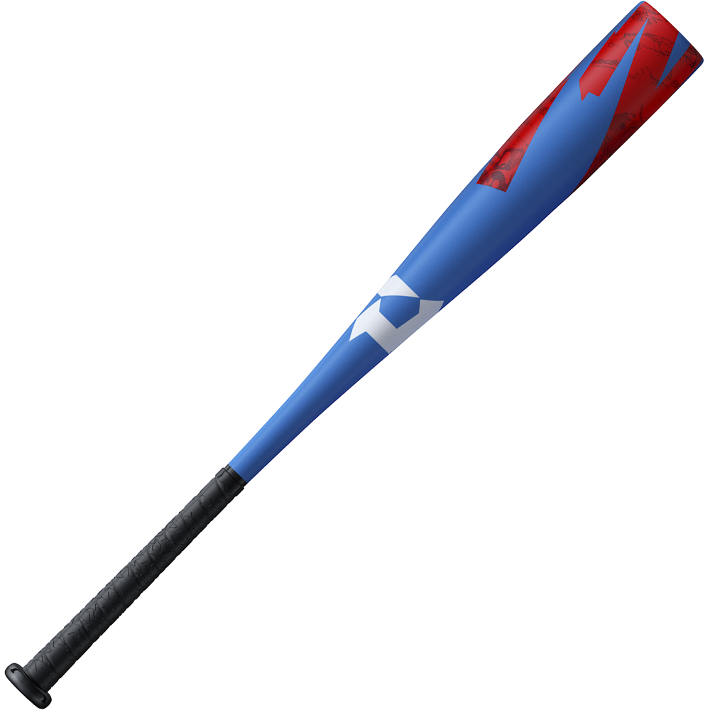 The 2024 DeMarini ZOA (-13) 2 5/8" USA T-Ball Bat (WBD2480010) features a blue and red composite design with a black textured grip and white geometric detailing near the center.