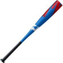 The 2024 DeMarini ZOA (-13) 2 5/8" USA T-Ball Bat (WBD2480010) features a blue and red composite design with a black textured grip and white geometric detailing near the center.