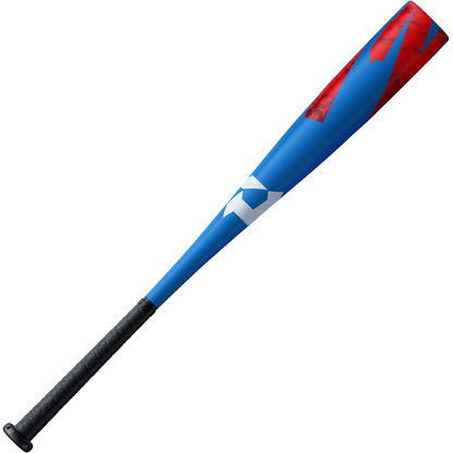 The 2024 DeMarini ZOA (-13) 2 5/8" USA T-Ball Bat (WBD2480010) features a blue and red composite design with a black textured grip and white geometric detailing near the center.