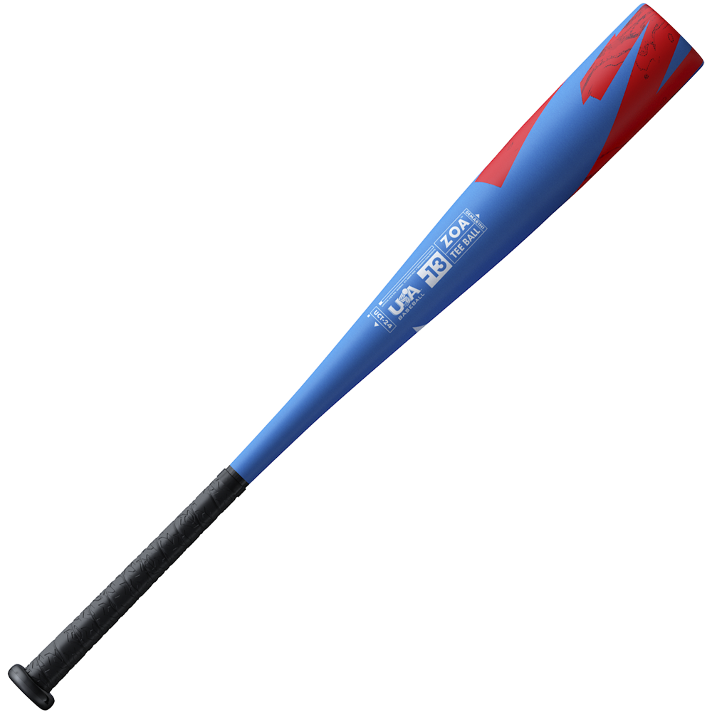 The 2024 DeMarini ZOA (-13) 2 5/8" USA T-Ball Baseball Bat (WBD2480010) features a blue and red design with a black textured grip and white barrel details, all shown against a plain white background.