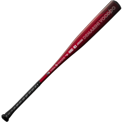 The 2025 DeMarini Voodoo One (-3) BBCOR Baseball Bat: WBD2527010 (DEMO) is a black and red bat featuring a powerful X14 Alloy Barrel.