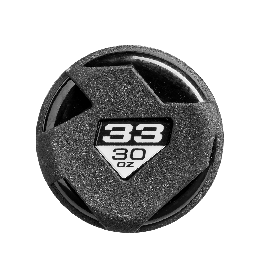 Black plastic lid with geometric design, white triangular label at center displaying "38 30 oz" in bold, inspired by the 2025 DeMarini Voodoo One (-3) BBCOR Baseball Bat (WBD2527010) and its X14 Alloy Barrel innovation. Plain white background.