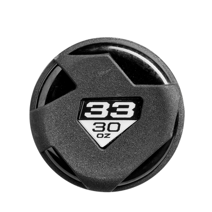 Black plastic lid with geometric design, white triangular label at center displaying "38 30 oz" in bold, inspired by the 2025 DeMarini Voodoo One (-3) BBCOR Baseball Bat (WBD2527010) and its X14 Alloy Barrel innovation. Plain white background.