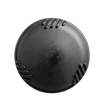 A black round object with black lines, resembling the sleek design of the 2025 DeMarini Voodoo One (-3) BBCOR Baseball Bat: WBD2527010 (DEMO).