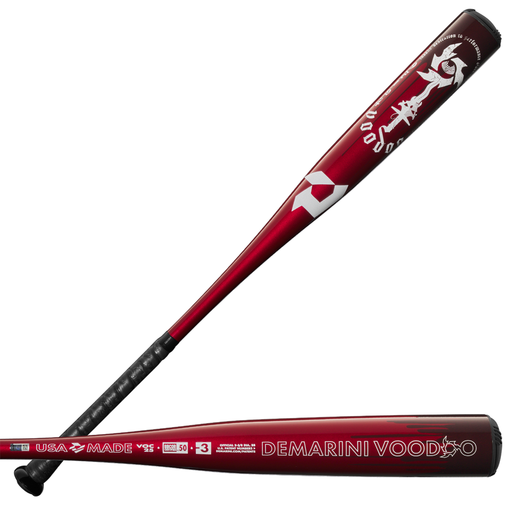 The 2025 DeMarini Voodoo One (-3) BBCOR Baseball Bat (WBD2527010) in red and black is shown from two angles, highlighting the brand logo, dragon graphic, X14 Alloy Barrel, and a black grip on the handle.
