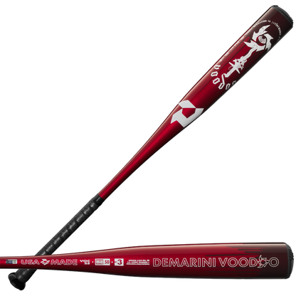 The 2025 DeMarini Voodoo One (-3) BBCOR Baseball Bat (WBD2527010) in red and black is shown from two angles, highlighting the brand logo, dragon graphic, X14 Alloy Barrel, and a black grip on the handle.