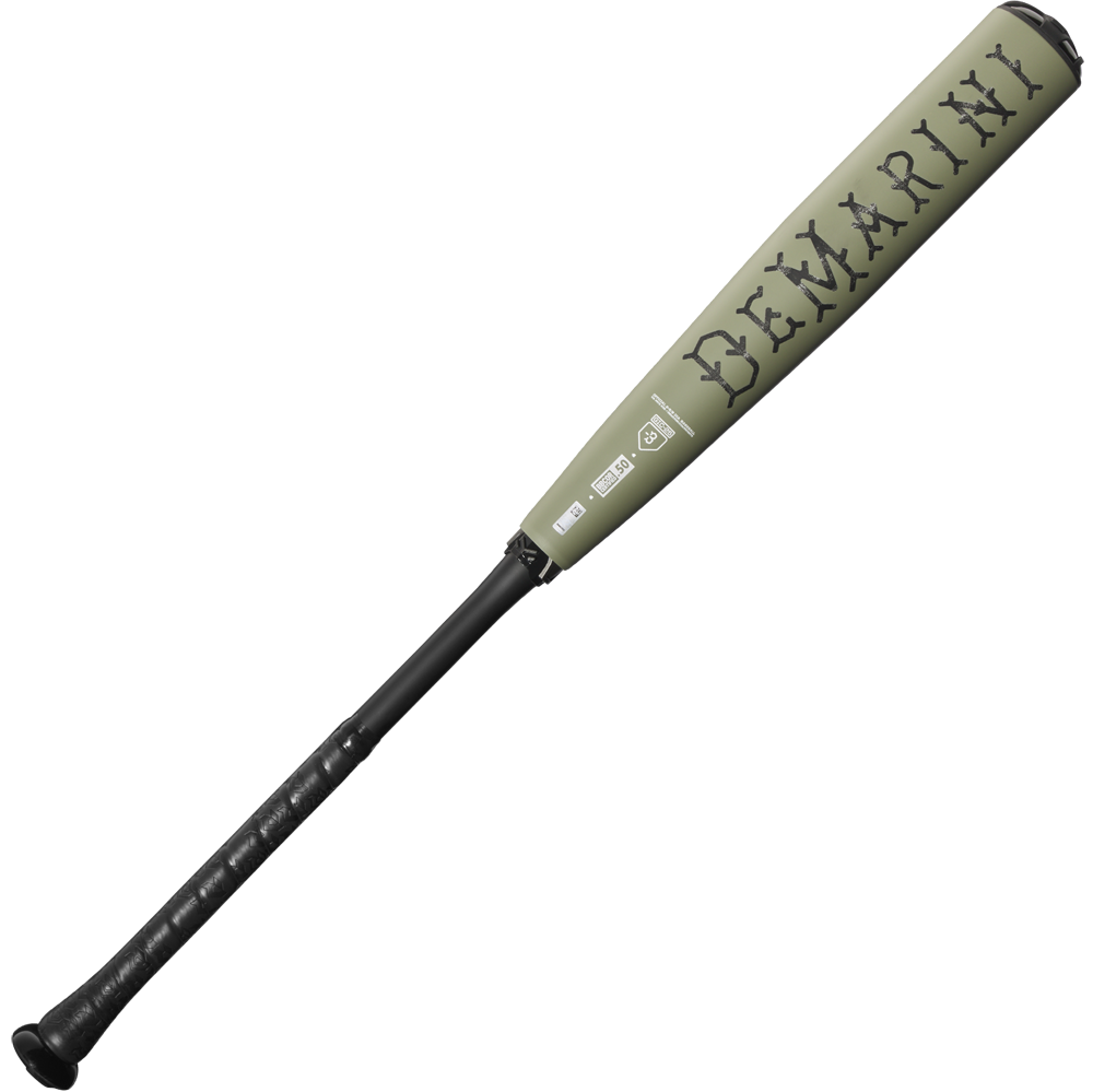 A used 2025 DeMarini The Goods (-3) BBCOR Baseball Bat (WBD2528010), featuring a green and black design with a black handle and large DeMarini branding on the X14 Alloy Barrel, is displayed on a plain white background.