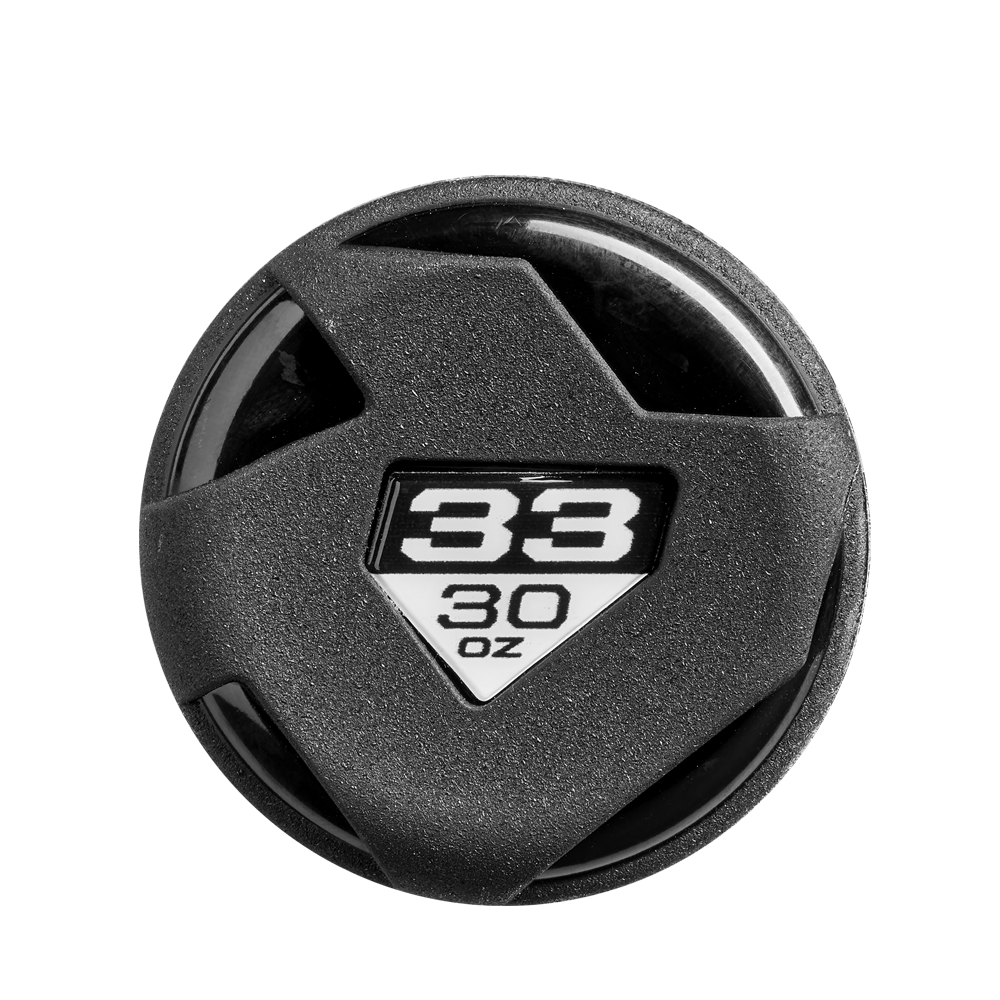 A black circular dumbbell end cap labeled 38 and 30 oz sits at the center, echoing the precision of a 2025 DeMarini The Goods (-3) BBCOR Baseball Bat: WBD2528010 (USED) by DeMarini with its X14 Alloy Barrel.