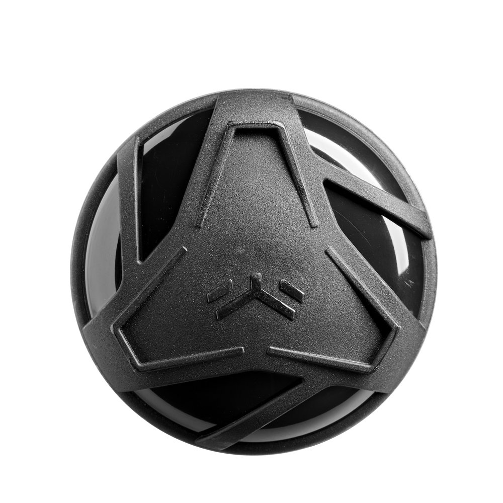 A black spherical object with a geometric, three-pronged cover on top, resembling the X14 Alloy Barrel of the 2025 DeMarini The Goods (-3) BBCOR Baseball Bat: WBD2528010 (USED) by DeMarini, shown against a white background.