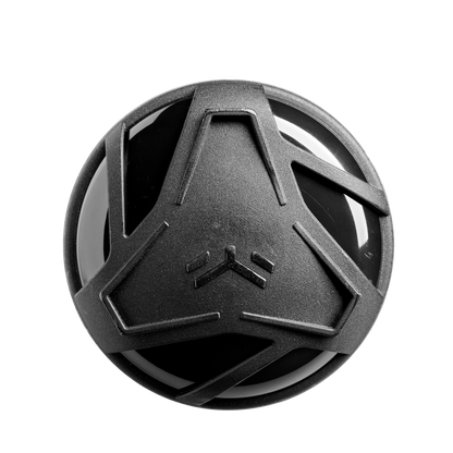 A black spherical object with a geometric, three-pronged cover on top, resembling the X14 Alloy Barrel of the 2025 DeMarini The Goods (-3) BBCOR Baseball Bat: WBD2528010 (USED) by DeMarini, shown against a white background.