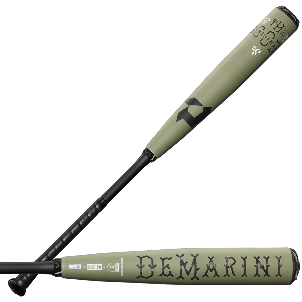 Two views of the 2025 DeMarini The Goods (-3) BBCOR Baseball Bat (WBD2528010, USED): one shows the full bat at an angle; the other zooms in on the X14 Alloy Barrel with bold DEMARINI lettering on an olive-green background.