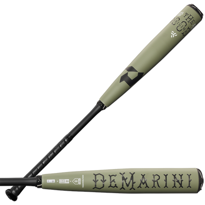 Two views of the 2025 DeMarini The Goods (-3) BBCOR Baseball Bat (WBD2528010, USED): one shows the full bat at an angle; the other zooms in on the X14 Alloy Barrel with bold DEMARINI lettering on an olive-green background.