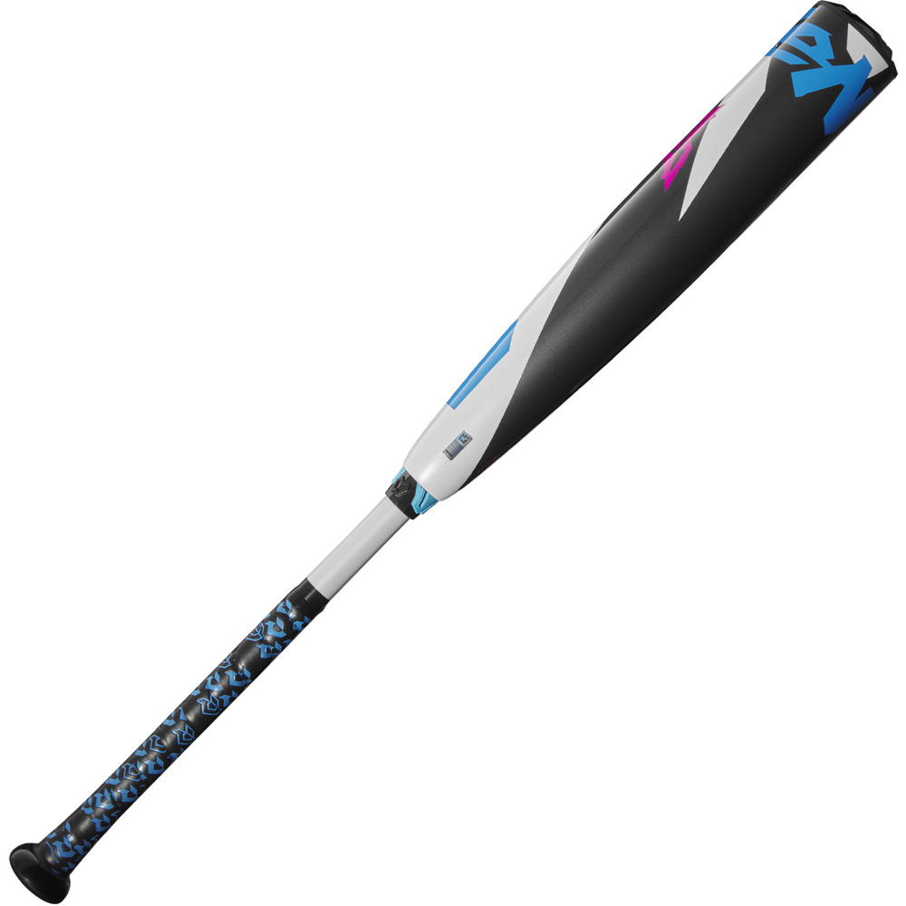 The used 2025 DeMarini ZEN (-10) 2 3/4" USSSA Baseball Bat (WBD2532010) features a stylish black, blue, and white grip, geometric barrel designs with colorful accents, and advanced Dark Matter Composite technology.