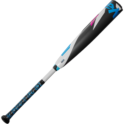 The used 2025 DeMarini ZEN (-10) 2 3/4" USSSA Baseball Bat (WBD2532010) features a stylish black, blue, and white grip, geometric barrel designs with colorful accents, and advanced Dark Matter Composite technology.
