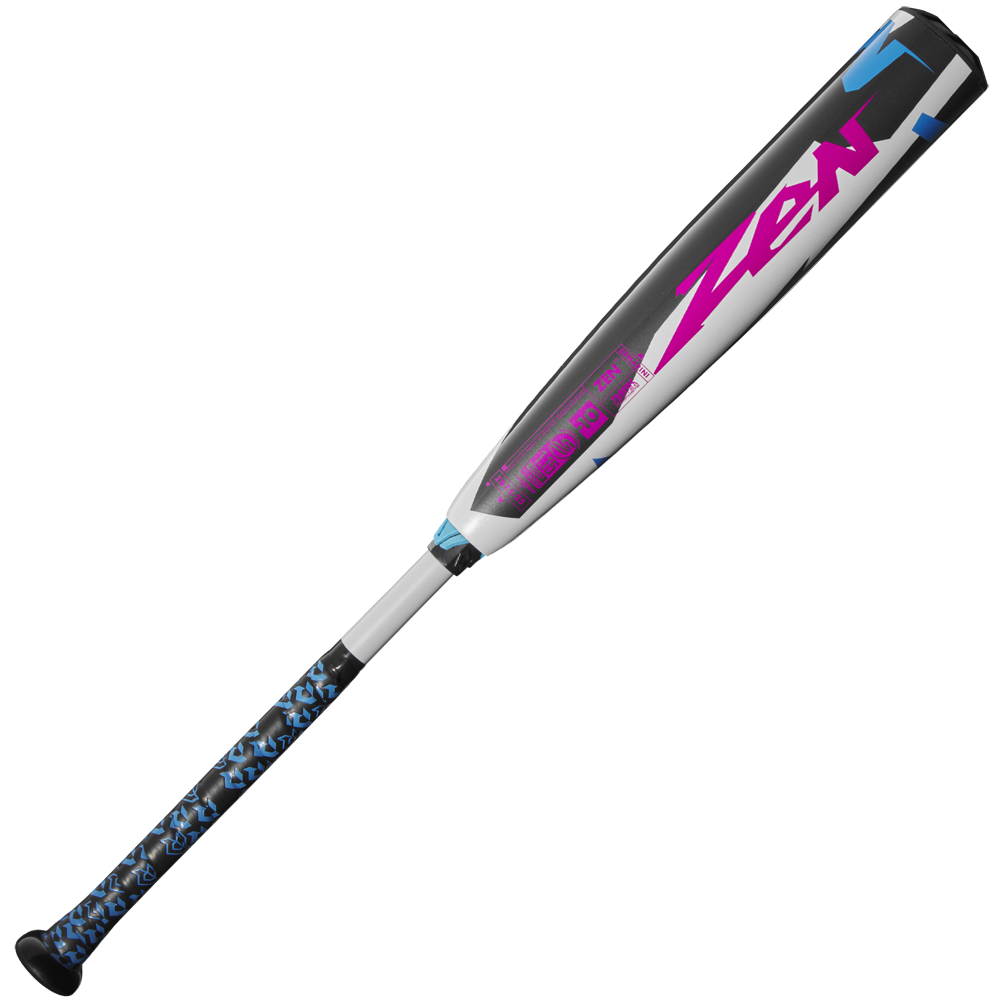 The 2025 DeMarini ZEN (-10) USSSA Baseball Bat features a black and blue patterned grip, white and gray barrel, bold pink Zen branding, striking geometric accents, and advanced Dark Matter Composite technology.