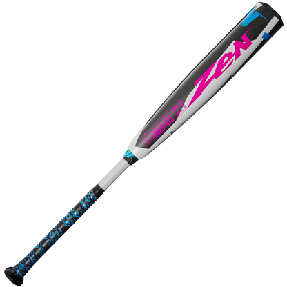 The 2025 DeMarini ZEN (-10) USSSA Baseball Bat features a black and blue patterned grip, white and gray barrel, bold pink Zen branding, striking geometric accents, and advanced Dark Matter Composite technology.