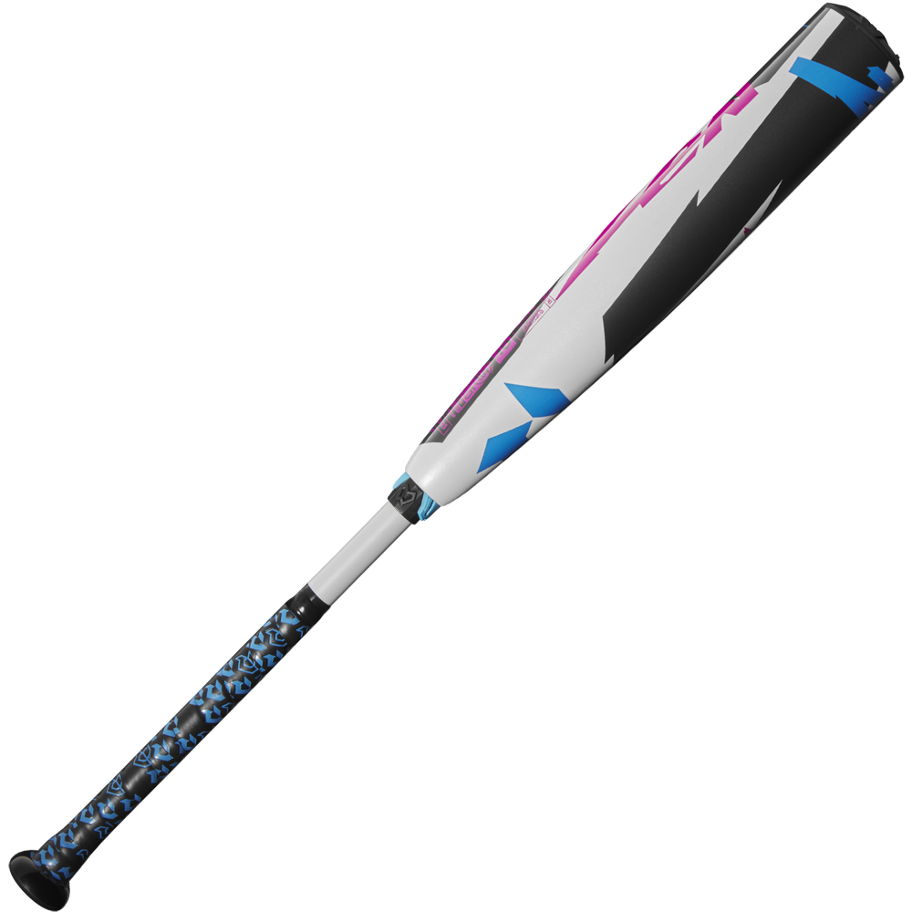 The 2025 DeMarini ZEN (-10) USSSA Baseball Bat (WBD2532010, USED) features a blue/black patterned grip, white handle, and a barrel with white, black, blue, and pink geometric designs made from Dark Matter Composite.
