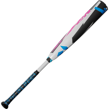 The 2025 DeMarini ZEN (-10) USSSA Baseball Bat (WBD2532010, USED) features a blue/black patterned grip, white handle, and a barrel with white, black, blue, and pink geometric designs made from Dark Matter Composite.