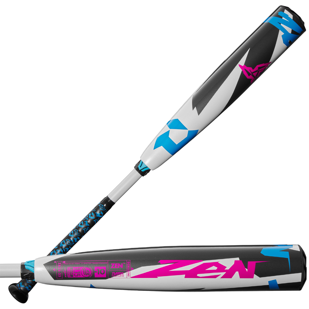 Two views of the 2025 DeMarini ZEN (-10) 2 3/4" USSSA Baseball Bat (USED), showing its white, black, and blue design with bold pink "ZEN" graphics. Made with Dark Matter Composite and a handle featuring blue accents and a black grip.