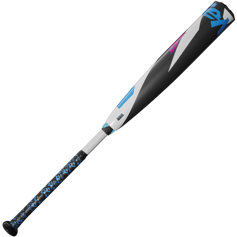 The 2025 DeMarini ZEN (-8) USSSA Baseball Bat (WBD2533010) features a black, white, and blue patterned barrel, a matching blue grip, and advanced Dark Matter Composite construction against a plain white background.