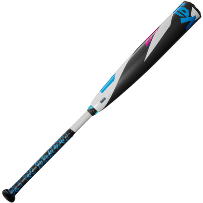 The 2025 DeMarini ZEN (-8) USSSA Baseball Bat (WBD2533010) features a black, white, and blue patterned barrel, a matching blue grip, and advanced Dark Matter Composite construction against a plain white background.