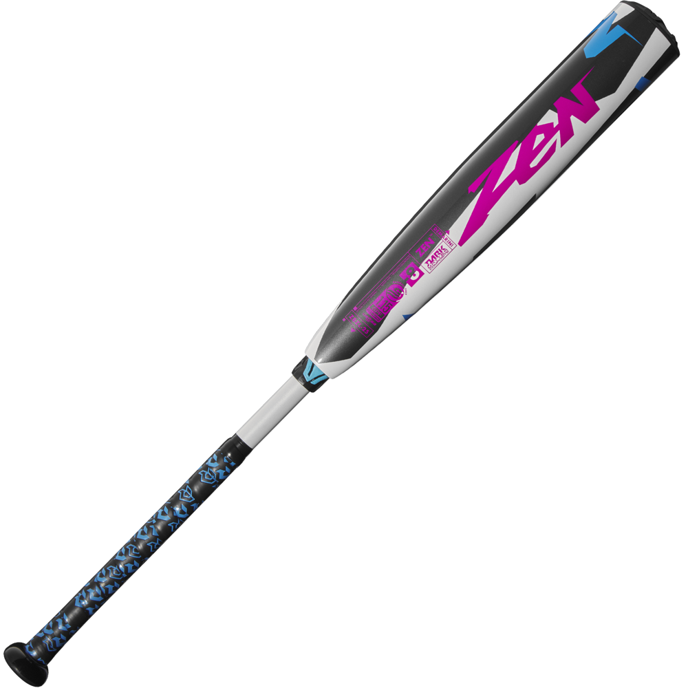 The 2025 DeMarini ZEN (-8) USSSA Baseball Bat (WBD2533010) features a black, gray, and white design with blue and pink accents, bold pink ZEN lettering, a blue patterned grip, and is crafted with Dark Matter Composite for high performance.