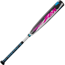 The 2025 DeMarini ZEN (-8) USSSA Baseball Bat (WBD2533010) features a black, gray, and white design with blue and pink accents, bold pink ZEN lettering, a blue patterned grip, and is crafted with Dark Matter Composite for high performance.