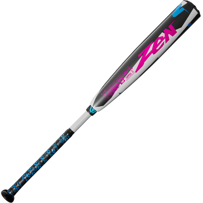 The 2025 DeMarini ZEN (-8) USSSA Baseball Bat (WBD2533010) features a black, gray, and white design with blue and pink accents, bold pink ZEN lettering, a blue patterned grip, and is crafted with Dark Matter Composite for high performance.