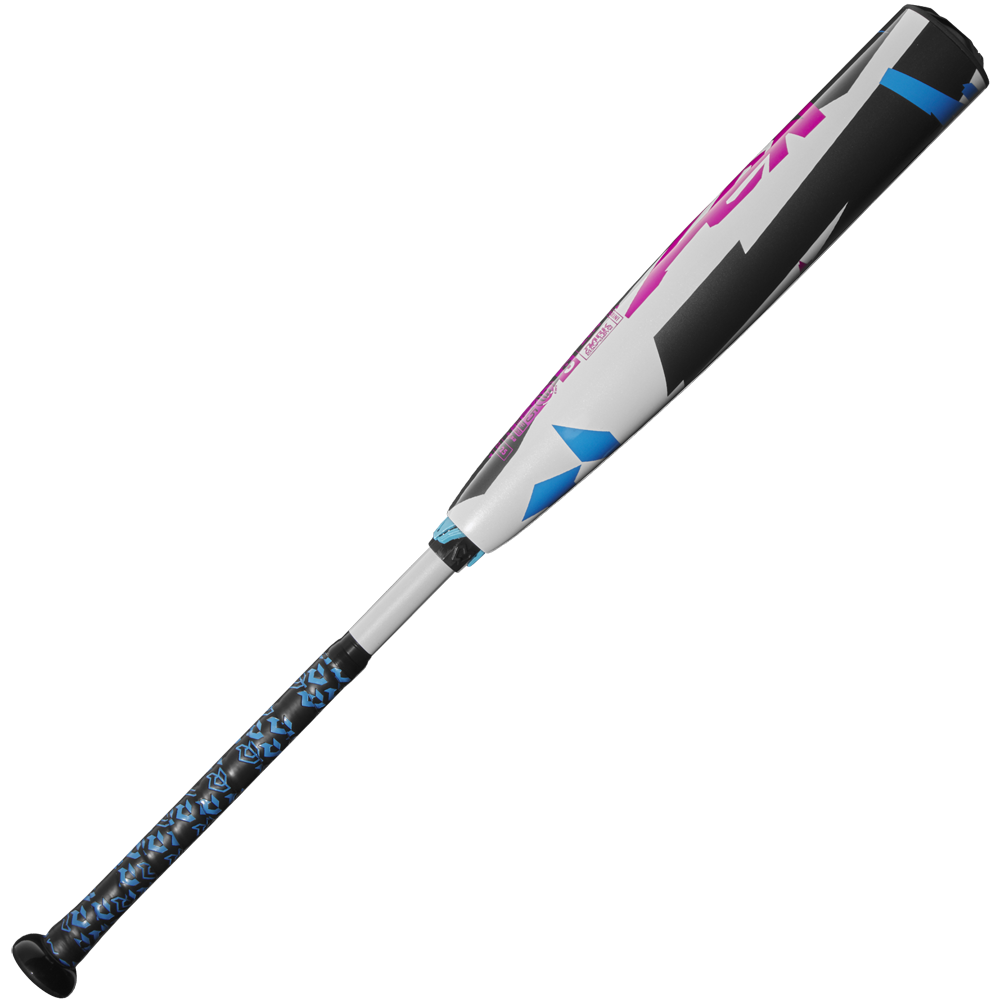 The 2025 DeMarini ZEN (-8) 2 3/4" USSSA Baseball Bat (WBD2533010), featuring a white, black, and pink barrel with blue accents and a patterned blue and white grip, is pictured on a plain white background.