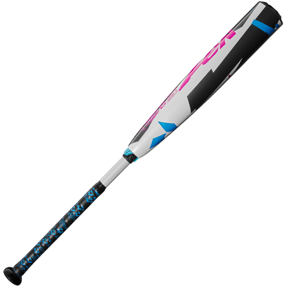 The 2025 DeMarini ZEN (-8) 2 3/4" USSSA Baseball Bat (WBD2533010), featuring a white, black, and pink barrel with blue accents and a patterned blue and white grip, is pictured on a plain white background.