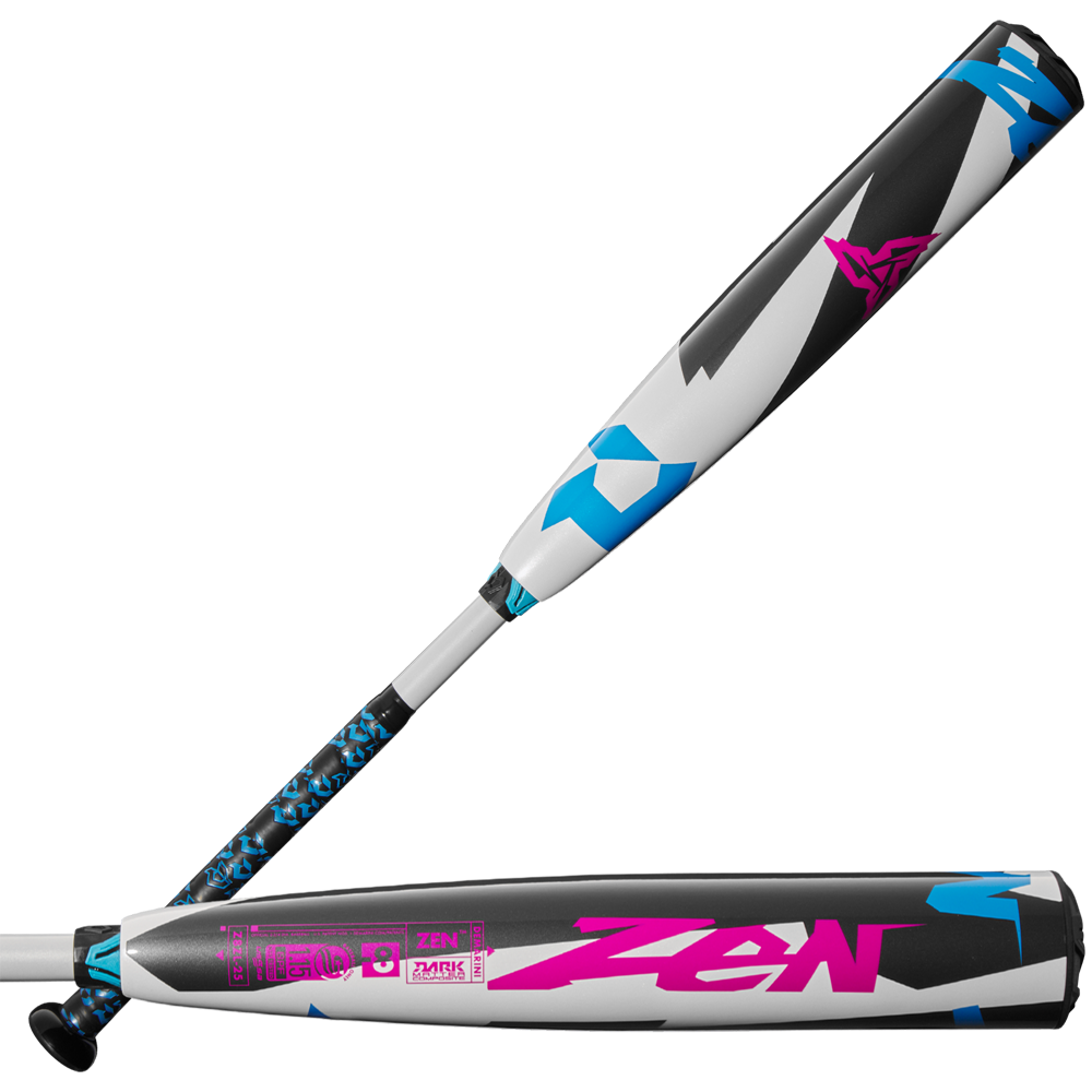 Two views of the 2025 DeMarini ZEN (-8) 2 3/4" USSSA Baseball Bat (WBD2533010) by DeMarini, featuring a white, black, blue, and pink geometric design with "ZEN" in large pink letters and a handle with a blue and black Dark Matter Composite pattern.