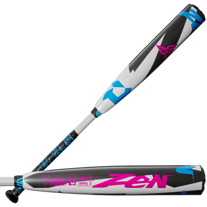 Two views of the 2025 DeMarini ZEN (-8) 2 3/4" USSSA Baseball Bat (WBD2533010) by DeMarini, featuring a white, black, blue, and pink geometric design with "ZEN" in large pink letters and a handle with a blue and black Dark Matter Composite pattern.
