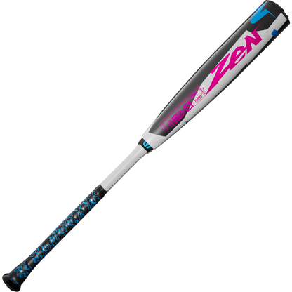 The 2025 DeMarini ZEN (-5) USSSA Baseball Bat (WBD2534010) features a purple and black design and is crafted with Dark Matter Composite for enhanced performance.