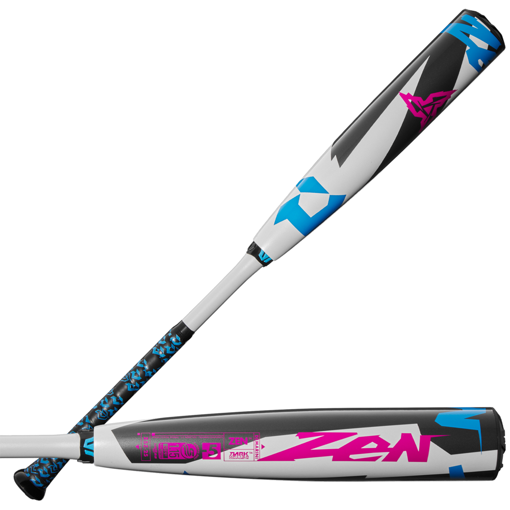 The 2025 DeMarini ZEN (-5) 2 3/4" USSSA Baseball Bat (WBD2534010) features pink and blue text and advanced Dark Matter Composite for top performance.
